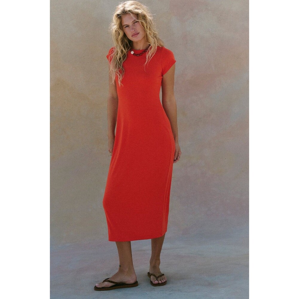 FREE PEOPLE Beach Hot Orange Good Feels Slim Midi Pullover Dress Cap Sleeve XL